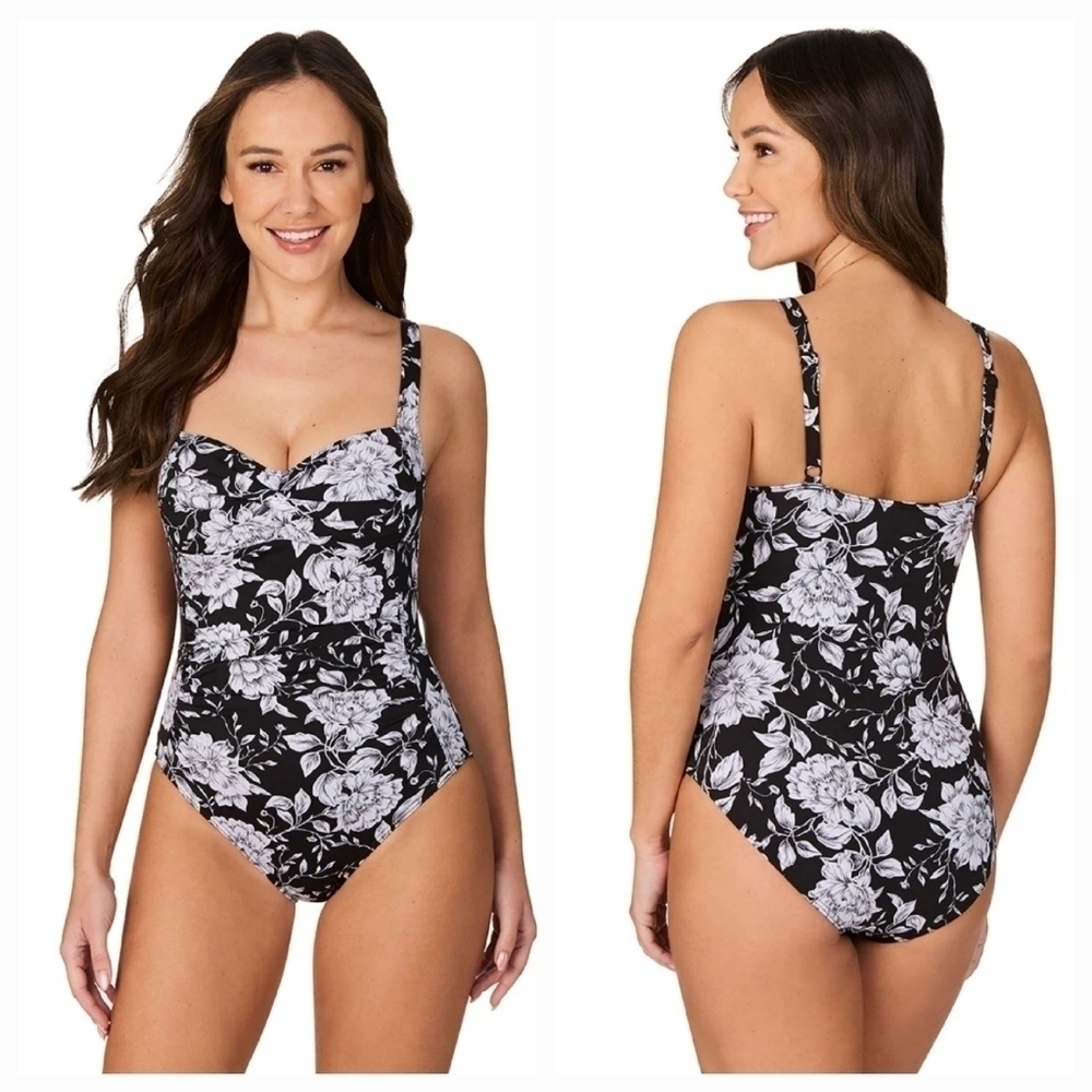 Nip Tuck Joanne One Piece Swimsuit Black & White Floral Print Clorine Resistant